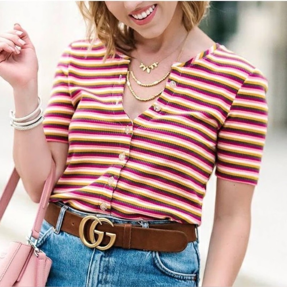 Maeve by Anthropologie Striped Ribbed Short Sleeve V‎ Neck Slim Blouse Size XS
